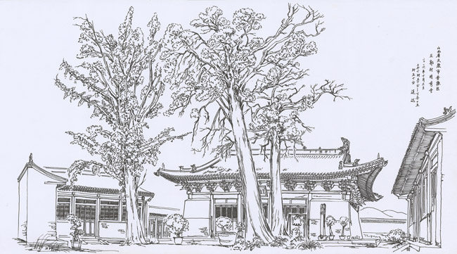 连达-山西太原明秀寺：位于山西省太原市晋源区王郭村，始建于东汉，明代嘉靖年间重建，前后两进院落，画家表现了后院庭院。正殿与东西配殿保存完好，古柏和银杏尽显怀古之悠情。