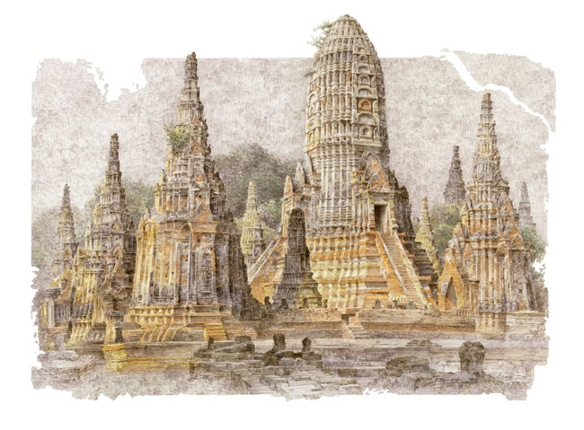夏克梁-柴瓦纳兰寺（泰国大城）：建于十七世纪，建筑风格接近吴哥窟，作品以浅灰色调塑造建筑群的丰富层次关系，表达了深远的艺术空间和错落的轮廓线。