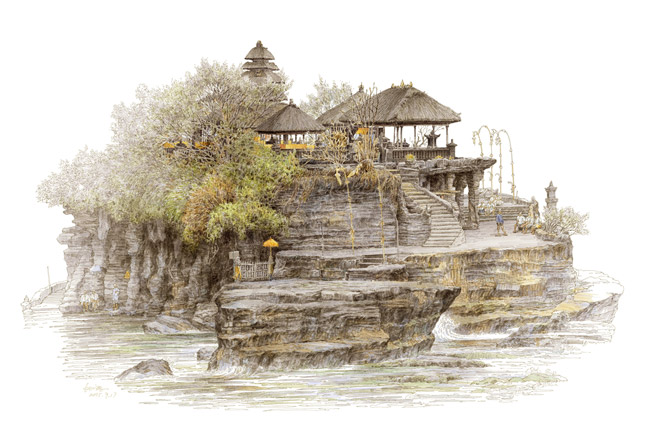 夏克梁-海神庙（印尼巴厘岛）：四面环海，构筑于巨大的岩石之上，作品描绘了古庙独特的空间层次，色彩关系微妙，前后空间分明，有强烈的艺术效果。